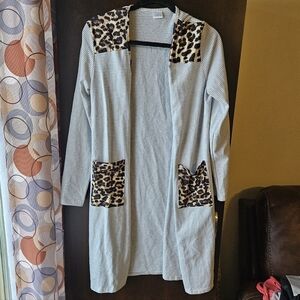 Striped Long Cardigan with Leopard Accents